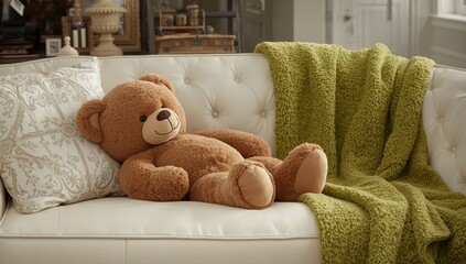 Brown plush bear on white leather sofa with a green throw blanket and French-style pillow, cozy home setting