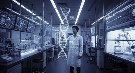 Scientist Interacting with Holographic DNA Structure in a Futuristic Biotechnology Laboratory