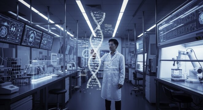 Scientist Interacting with Holographic DNA Structure in a Futuristic Biotechnology Laboratory - Powered by Adobe