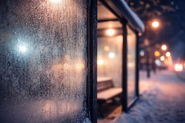Fototapeta premium Chilly winter night view highlighting frosted bus shelter glass with soft focus