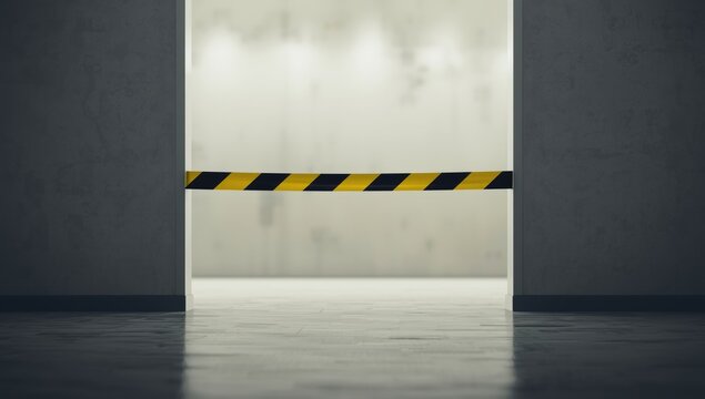 Barrier tape with black and yellow stripes indicating no entry, used for safety and security measures