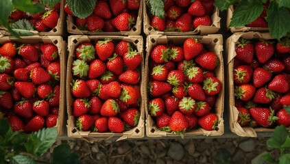 Organic strawberries displayed in paper cartons at market, highlighting eco-friendly food packaging for retail