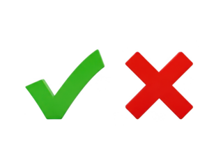 Green checkmark and red cross symbols representing approval and disapproval isolated on transparent background