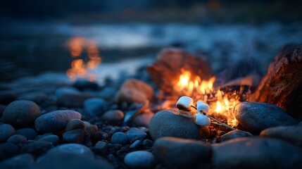 Close-up of marshmallows roasting over a campfire on a rocky shoreline at dusk