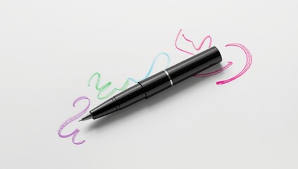 Fototapeta premium Black highlighter pen with doodles on white background serving as a visual aid for highlighting and annotating, focusing on stationery use