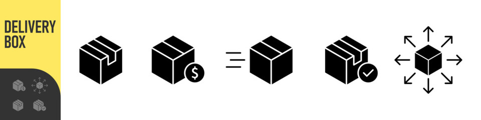 Logistics and delivery box icons showing shipping, pricing, fast shipping, package pricing, and global distribution, speed and distribution. modern package symbols for supply chain UI design