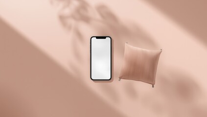 Mobile phone with a blank screen positioned on a mid-century armchair, emphasizing layout background for digital interfaces or blogs