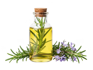 Aromatic rosemary infused oil in a glass bottle with fresh sprigs isolated on transparent background