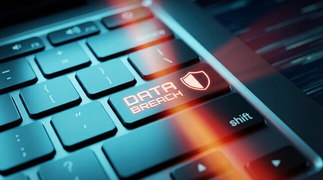Close up of a computer keyboard with a glowing red key labeled data breach and a shield icon, cybersecurity risk and hacking concept for digital safety and network protection. - Powered by Adobe