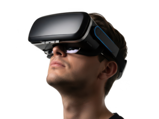 Immersive virtual reality experience with high tech headset isolated on transparent background
