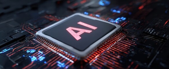 The AI chip illuminated on a high-tech circuit board evoking futuristic computing power