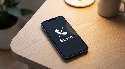 Smartphone on a wooden table showing a spam call notification, concept of telemarketing fraud and mobile security for digital privacy and communication safety