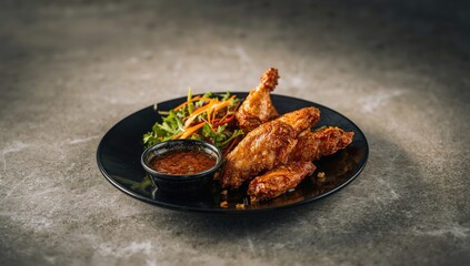 Crispy Thai chicken wings with sauce and salad arranged on a black plate, focused on culinary technique