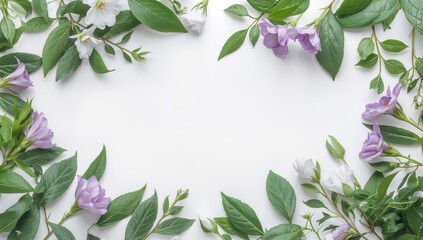 Naklejka premium Decorative arrangement of green leaves and purple flowers serving as a decorative pattern for layout design, Earth Day