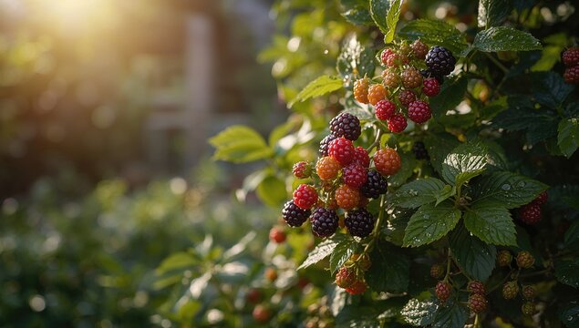 Summer scene with blackberry bush in full fruiting, emphasizing natural harvest season