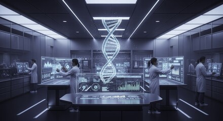 Futuristic Biotechnology Laboratory with Scientists Analyzing Holographic DNA and Advanced Genetic Data on Interactive Displays