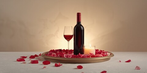 Red wine and candles on a bedside tray with rose petals, emphasizing nighttime ambiance, World Sleep Day