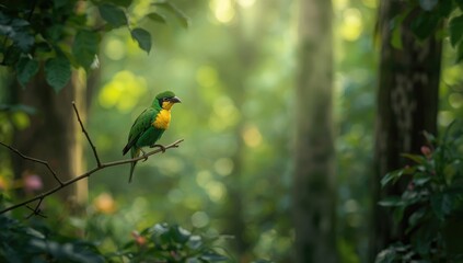 Emerald Toucanet exploring lush woodland foraging grounds, highlighting natural habitat, World Environment Day