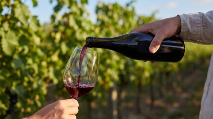 Man pouring red wine from a bottle into a glass in a sunny vineyard, viticulture and wine tasting experience for luxury travel and agricultural tourism