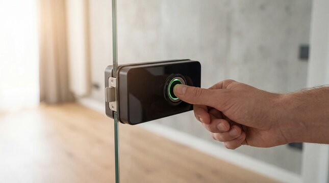 Close up of a man's hand using a fingerprint scanner on a modern glass door, smart home security and biometric access control for safety and privacy in a bright office - Powered by Adobe