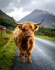 A Highland bovine stands on a road, front and center, with a mountain range backdrop on an overcast day