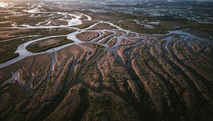 Salt marsh landscape captured from above showing exposed mud flats and streams at low tide at Motney Hill, Medway, Kent, England, during tidal cycle