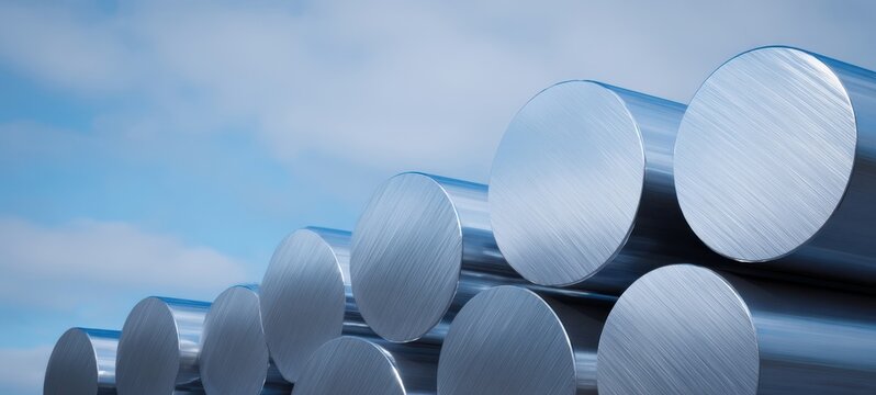 The Aluminum Billets Stacked in an Industrial Yard Under Blue Sky