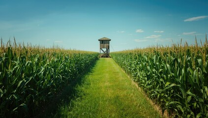 Crop monitoring tower in a maize field serving as an agricultural safety structure, World Agriculture Day