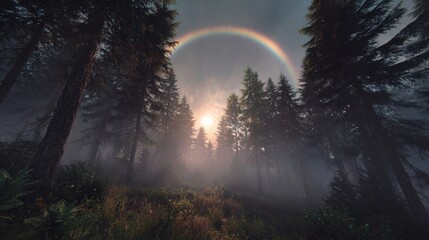 Rainbow arches over misty forest with tall trees and setting sun