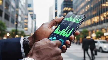Close-up of a businessmans hands holding a smartphone displaying vibrant financial charts and stock market data, actively analyzing investment trends in a bustling urban city environment. - Powered by Adobe