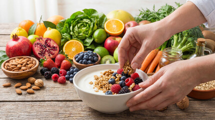 Healthy breakfast preparation with yogurt and granola topped with fresh berries and surrounded by colorful fruits and vegetables.
