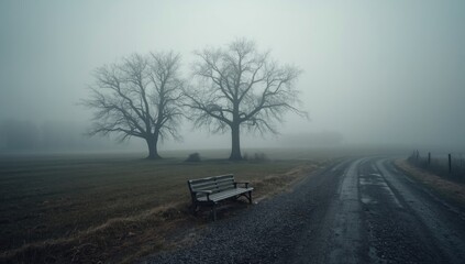 Sparse trees and an unoccupied bench in a moody rural setting with fog and overcast sky, highlighting seasonal transition