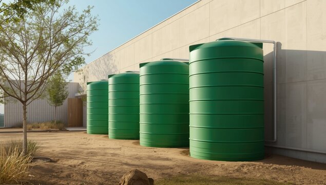 Rainwater harvesting system with green tanks adjacent to a structure, illustrating eco-friendly infrastructure for water management