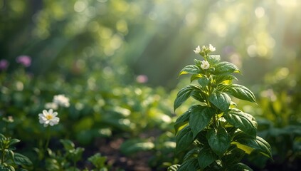 Fresh basil plant growing outdoors, emphasizing natural herb cultivation
