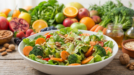 Fresh salad with colorful vegetables and greens in bowl surrounded by assorted fruits and nuts on rustic wooden table. Salad includes lettuce, carrots,