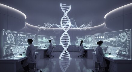 Futuristic Biotechnology Lab: Scientists Analyze DNA and Genetic Data on Holographic Displays for Advanced Research and Innovation