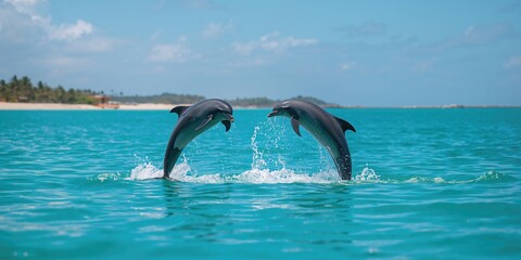 Two dolphins leaping in the Caribbean Sea, marine life activity, World Oceans Day
