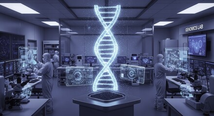 Futuristic Genomics Lab with Scientists Interacting with Holographic DNA and Advanced Digital Interfaces for Genetic Research