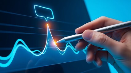 Hand interacting with futuristic digital graph on screen with stylus