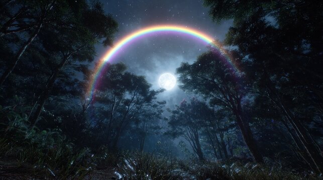 Nighttime forest scene with rainbow arching over the full moon