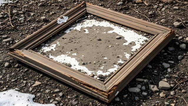 Old wooden frame with broken glass lying on rocky ground with snow