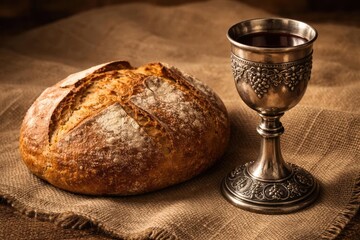 artisan bread beside silver chalice placed on woven fabric surface