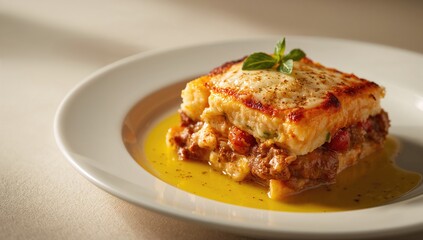 Close-up of Greek pastitsio with seasoned ground lamb, pasta, and cheese, baked layered casserole, World Food Day