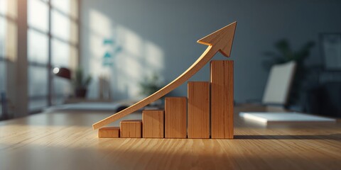 Desk scene featuring a wooden block chart with an upward arrow showing percentage change over time, data visualization for business progress, World Financial Literacy Day