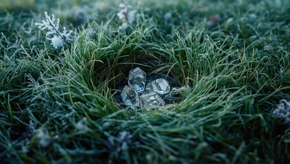 A trio of transparent quartz crystals placed on grass, highlighting mineral clarity for garden accents
