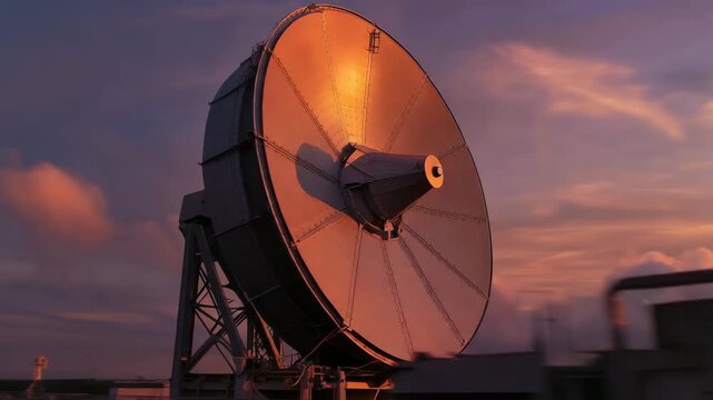 Large satellite dish antenna pointing to sky at sunset with warm orange light and clear background, technical structure in foreground. Concept of global communication and signal transmission