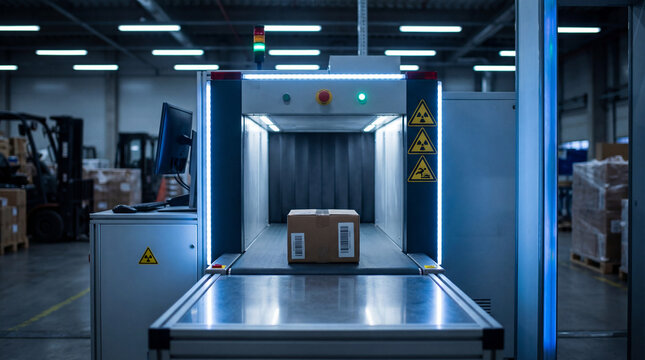 Cardboard box on a conveyor belt entering an X-ray scanner. Industrial security screening and customs inspection in a warehouse. Logistics and cargo safety concept