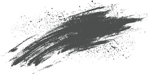 Energetic dark gray brush strokes and fine ink splatters create an abstract artistic background with a sweeping motion on white