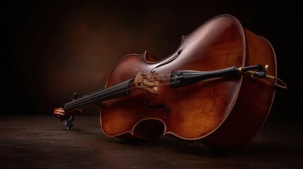 Fototapeta premium The cello resting on a wooden stage, polished varnish and rich warm tones
