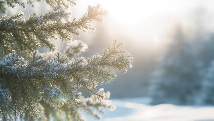 Bright winter setting featuring sunlit snow-covered pine branches, suitable as a natural background for layout or graphic design, seasonal awareness day